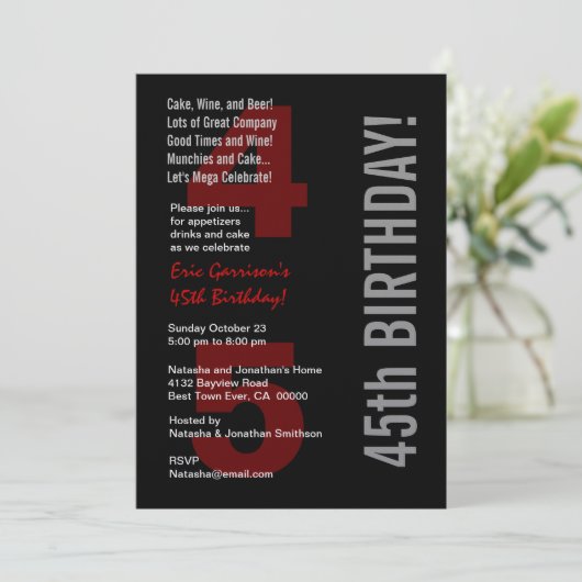 45番目の誕生日モダン白黒レッドメタル 招待状 (スタンド正面)