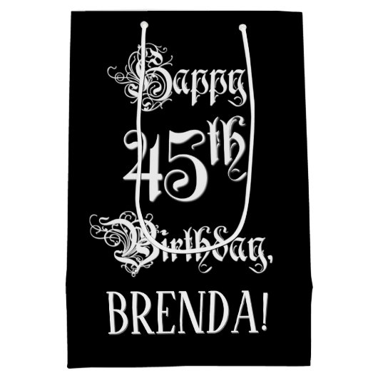 45番目の誕生日: ファンシー、スクリプエレガントト+名前をカスタムする ミディアムペーパーバッグ (裏面)