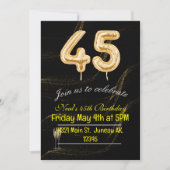 45誕生日の黒と金ゴールドのバルーン番号 招待状 (正面)