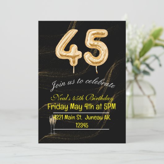 45誕生日の黒と金ゴールドのバルーン番号 招待状 (スタンド正面)