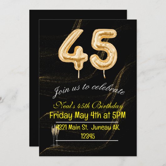 45誕生日の黒と金ゴールドのバルーン番号 招待状 (正面/裏面)