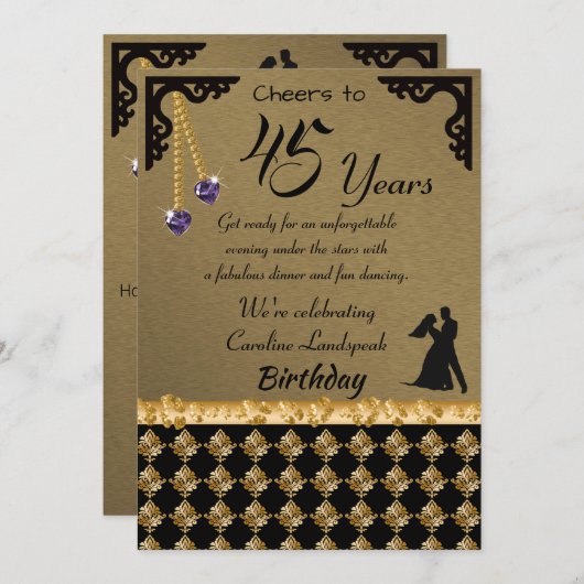 45誕生日ダンスパーティーパープルハートジェムダマスク 招待状 (正面/裏面)