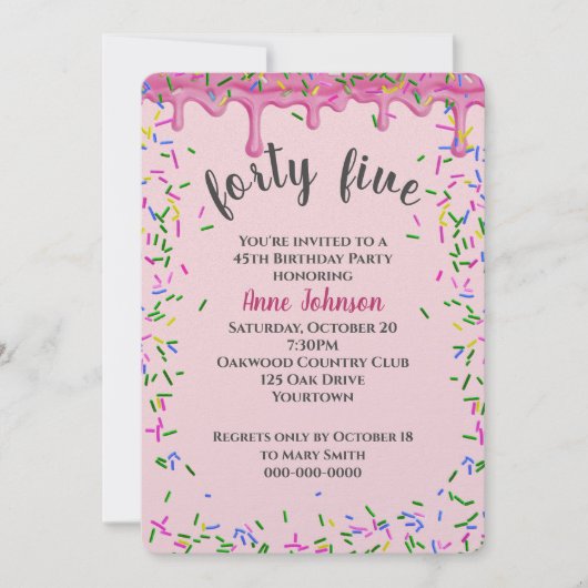 45誕生日ピンクアイシングと散水 招待状 (正面)