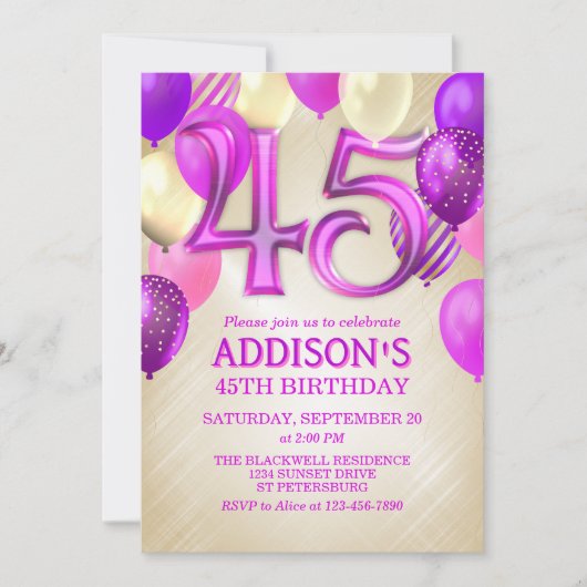 45誕生日ピンクバルーン招待状 招待状 (正面)