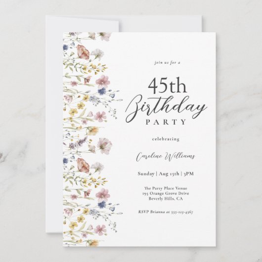 45誕生日水彩ワイルドフラワーフローラ 招待状 (正面)