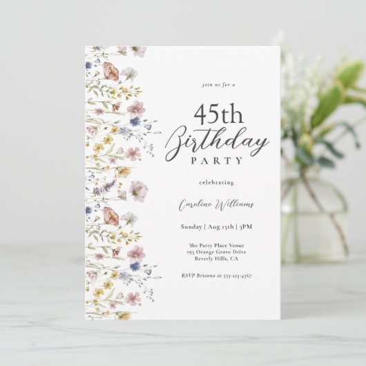 45誕生日水彩ワイルドフラワーフローラ 招待状 (スタンド正面)