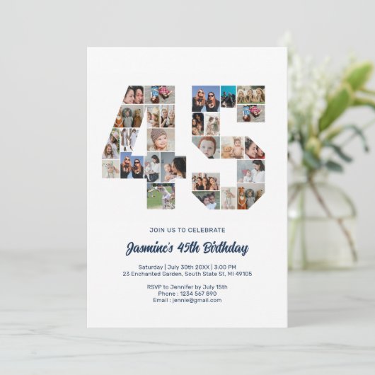 45誕生日番号45カスタムフォトコラージュ 招待状 (スタンド正面)