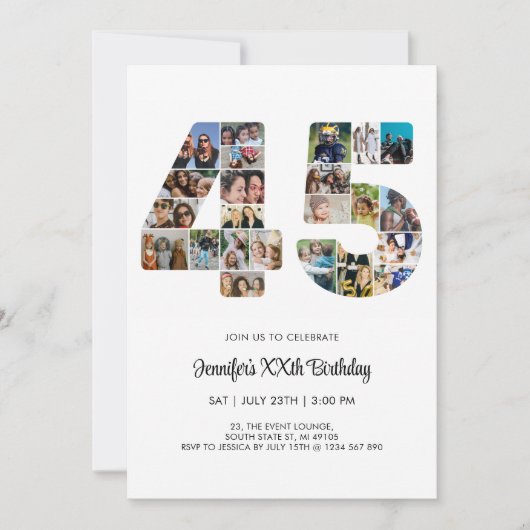 45誕生日番号45カスタムフォトコラージュ 招待状 (正面)