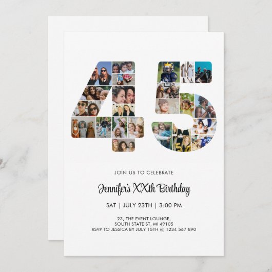 45誕生日番号45カスタムフォトコラージュ 招待状 (正面/裏面)