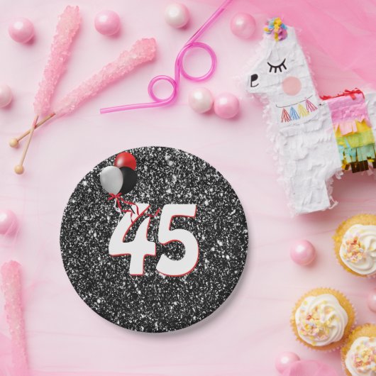 45誕生日風船オン黒グリッター ペーパープレート (パーティー)