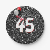 45誕生日風船オン黒グリッター ペーパープレート (正面)