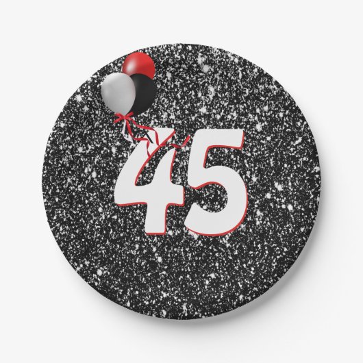 45誕生日風船オン黒グリッター ペーパープレート (正面)