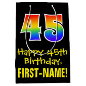 45誕生日:おもしろいはっきりした、カラフルレインボー「45」 ミディアムペーパーバッグ (正面)