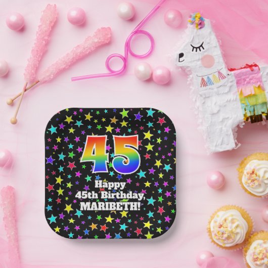 45誕生日:おもしろいスター柄と虹"45" ペーパープレート (パーティー)