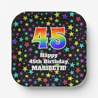 45誕生日:おもしろいスター柄と虹"45" ペーパープレート