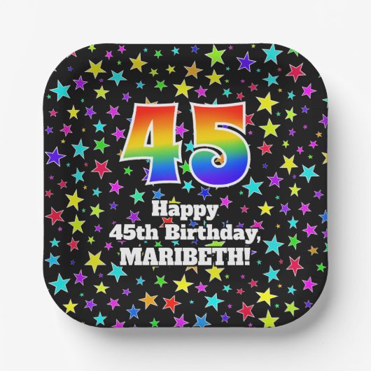 45誕生日:おもしろいスター柄と虹"45" ペーパープレート (正面)