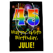 45誕生日:おもしろい花火パターン+虹45 ミディアムペーパーバッグ (正面)