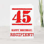 45誕生日:おもしろい、赤ゴムスタンプルックインスパイアス カード (正面)