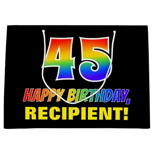 45誕生日:はっきりした,おもしろい,シンプル虹， 45 ラージペーパーバッグ (正面)