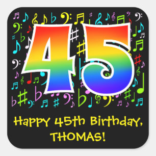45誕生日:カラフル音楽シンボル、レインボー45 スクエアシール