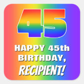 45誕生日: カラフル、おもしろいレインボーパターン# 45 スクエアシール (正面)