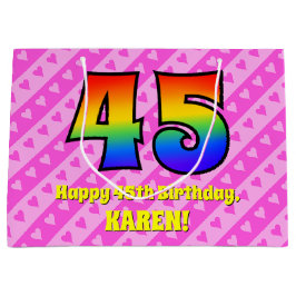 45誕生日：ピンクストライプのハート、レインボー# 45 ラージペーパーバッグ