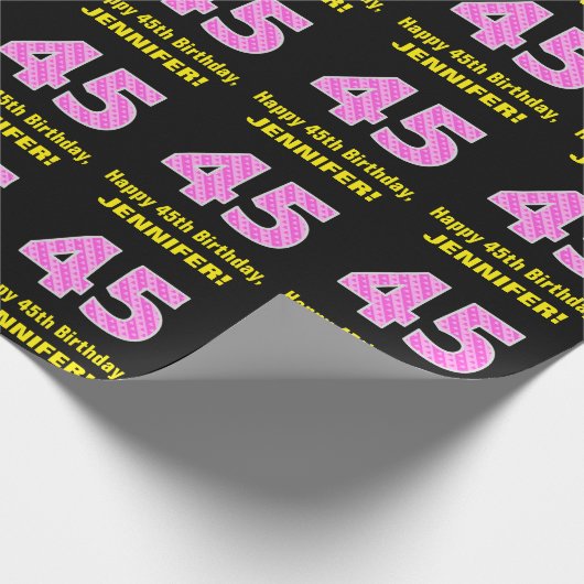 45誕生日:ピンクストライプ色のハートと"45" +名前 ラッピングペーパー (角)