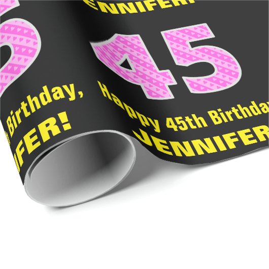 45誕生日:ピンクストライプ色のハートと"45" +名前 ラッピングペーパー (ロールコーナー)