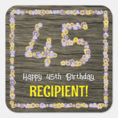 45誕生日:フローラ番号フェイク、木目、名前 スクエアシール (正面)