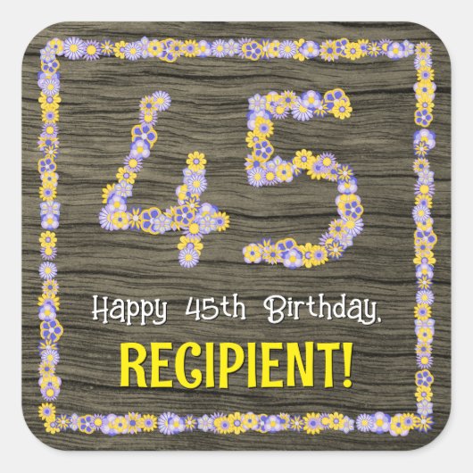 45誕生日:フローラ番号フェイク、木目、名前 スクエアシール (正面)