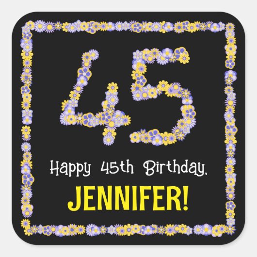 45誕生日:フローラ花数名前をカスタムする スクエアシール (正面)
