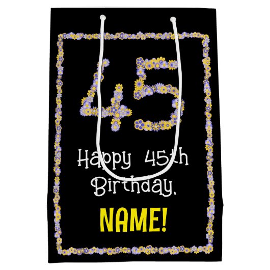 45誕生日:フローラ花数名前をカスタムする ミディアムペーパーバッグ (裏面)
