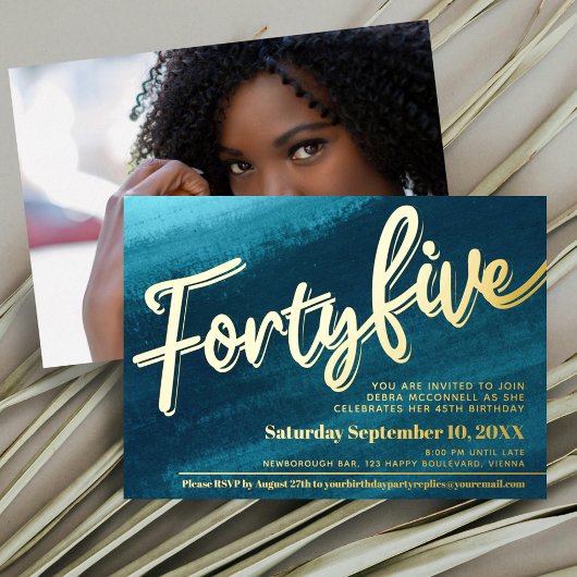 45 45誕生日アクアティール（緑がかった色）金ゴールド写真 箔招待状