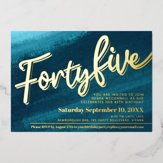 45 45誕生日アクアティール（緑がかった色）金ゴールド写真 箔招待状 (正面)