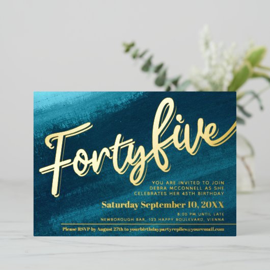 45 45誕生日アクアティール(緑がかった色)金ゴールド写真 箔招待状 (立ち正面)