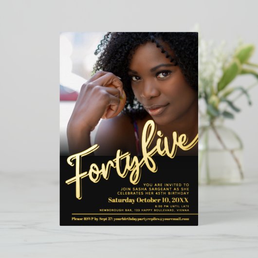 45 45誕生日金ゴールド黒写真スクリプト 箔招待状 (立ち正面)