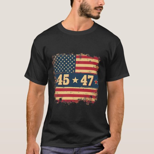 45 47トランプ大統領ヴィンテージ米国旗 Tシャツ (正面)