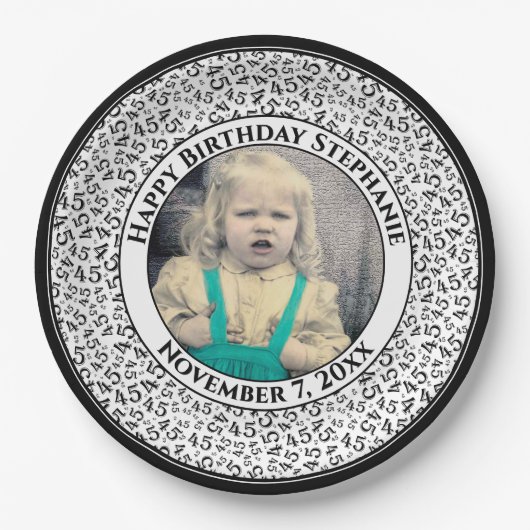 45 Your Photo Random Number Pattern Black/White ペーパープレート (正面)