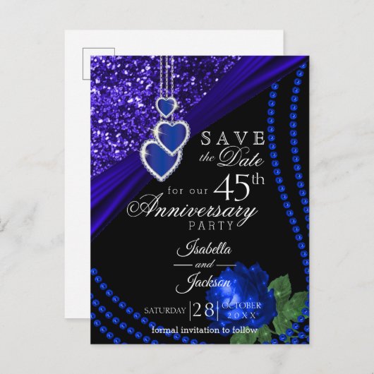 45thグリッターとバラ記念日 – 日付を保存 案内ポストカード (正面/裏面)