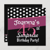 45thサプライズ誕生日白黒水玉模様ピンク 招待状 (正面/裏面)