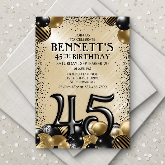 45thバルーンブラック金ゴールド誕生日 招待状