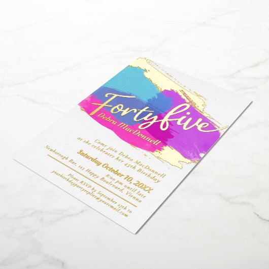 45th誕生日パーティー金ゴールド写真の明るい抽象芸術 箔招待状 (回転した状態)