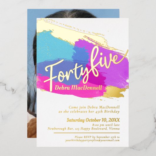 45th誕生日パーティー金ゴールド写真の明るい抽象芸術 箔招待状 (正面/裏面)