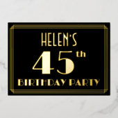 45th誕生日パーティー:アールデコ見る"45"、名前F 箔招待状 (正面)