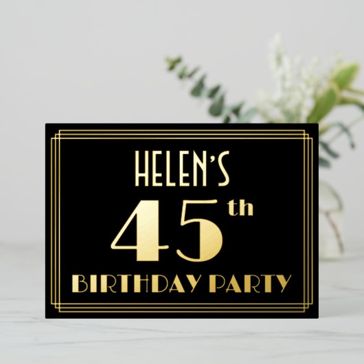 45th誕生日パーティー:アールデコ見る"45"、名前F 箔招待状 (立ち正面)