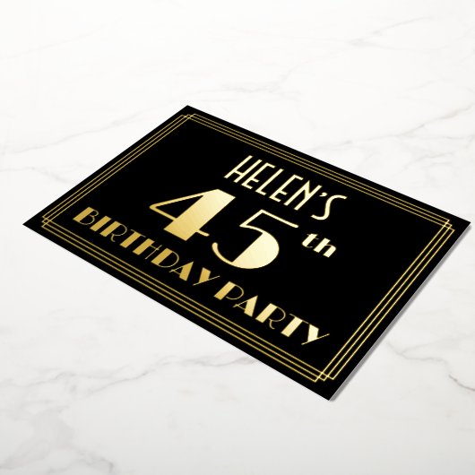 45th誕生日パーティー:アールデコ見る"45"、名前F 箔招待状 (回転した状態)