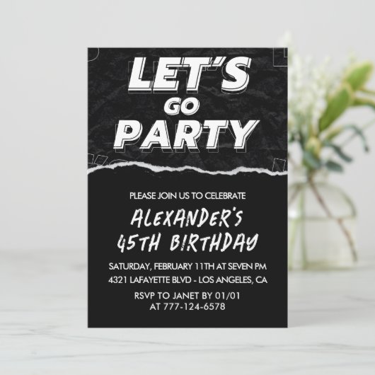 45th誕生日招待状メンズ白黒 招待状 (スタンド正面)