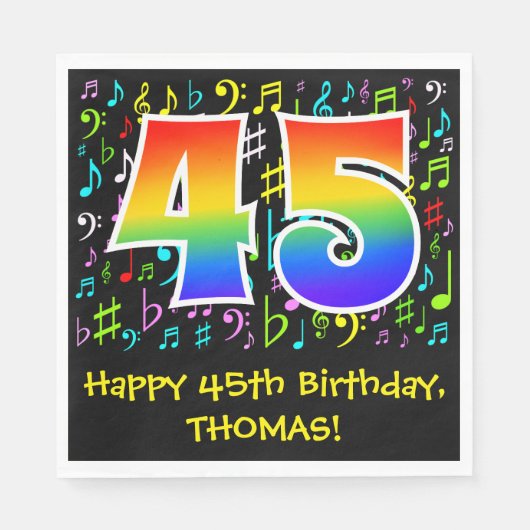 45th誕生日-カラフル音楽シンボル、レインボー45 スタンダードランチョンナプキン (正面)