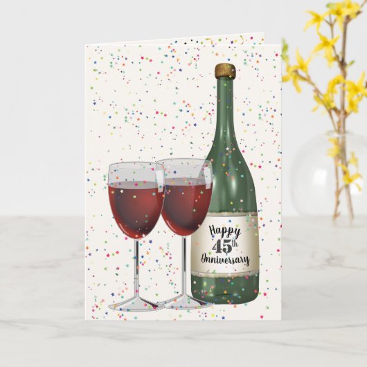 45th Anniversary Party Wine Bottle and Two Glasses カード (黄色い花)