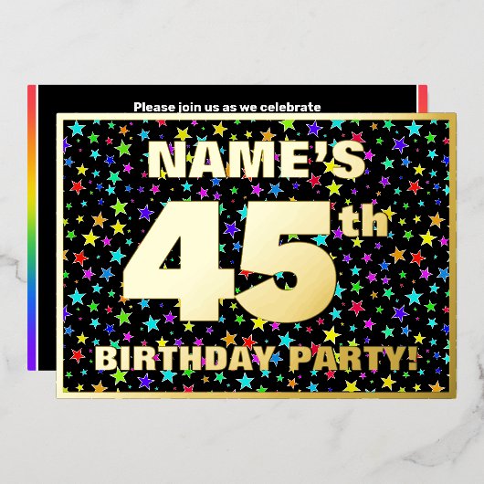 45th Birthday Party —おもしろいカラフル、Stars Pattern 箔招待状 (正面/裏面)